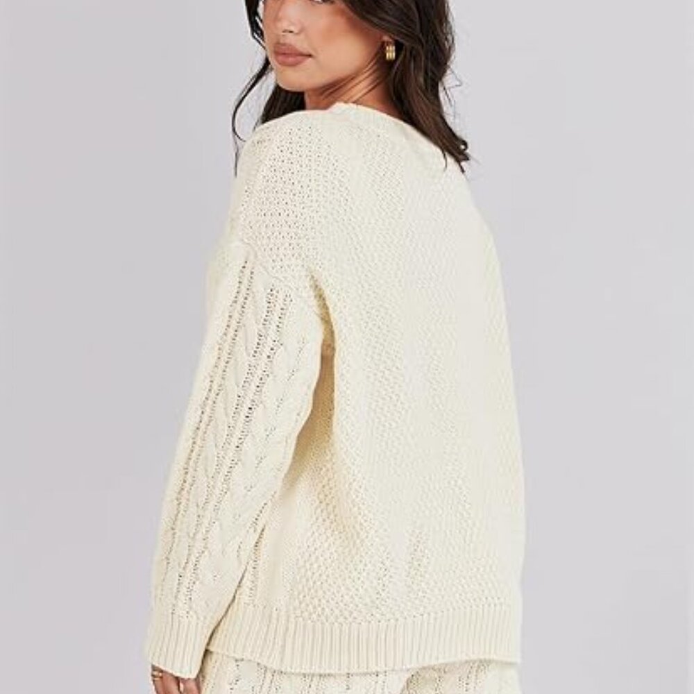 ANRABESS Women's Beige 2 Piece Cable Knit Pullover Sweater and Shorts Large - Picture 7 of 7